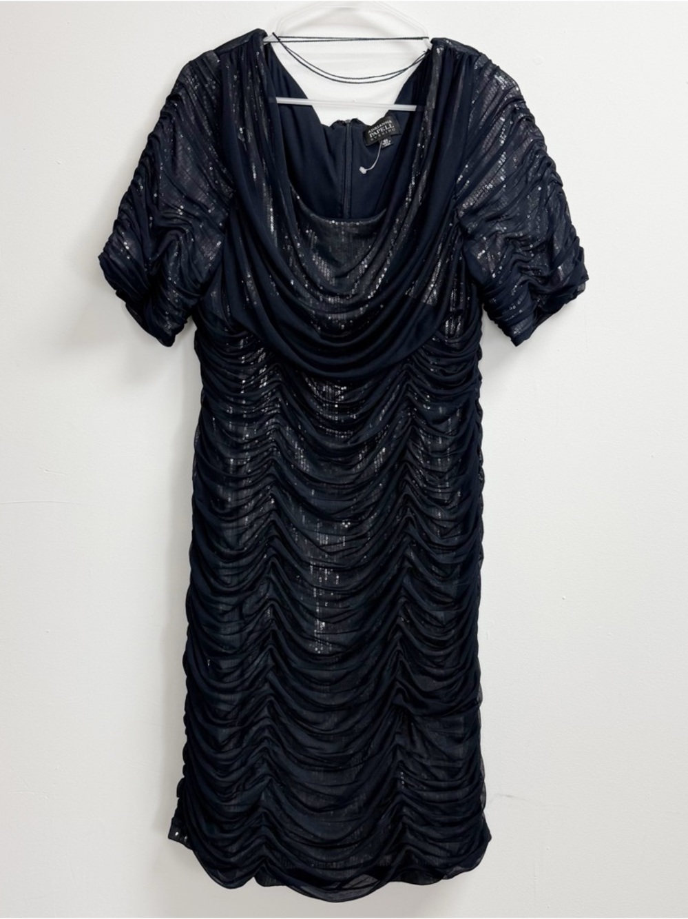 Adrianna Papell Evening Cocktail Dress Womens 16W Navy Blue Sequin Ruched Layer